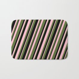 [ Thumbnail: Pink, Dark Olive Green & Black Colored Stripes Pattern Bath Mat ]
