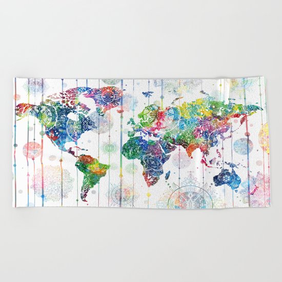 world map mandala white Beach Towel