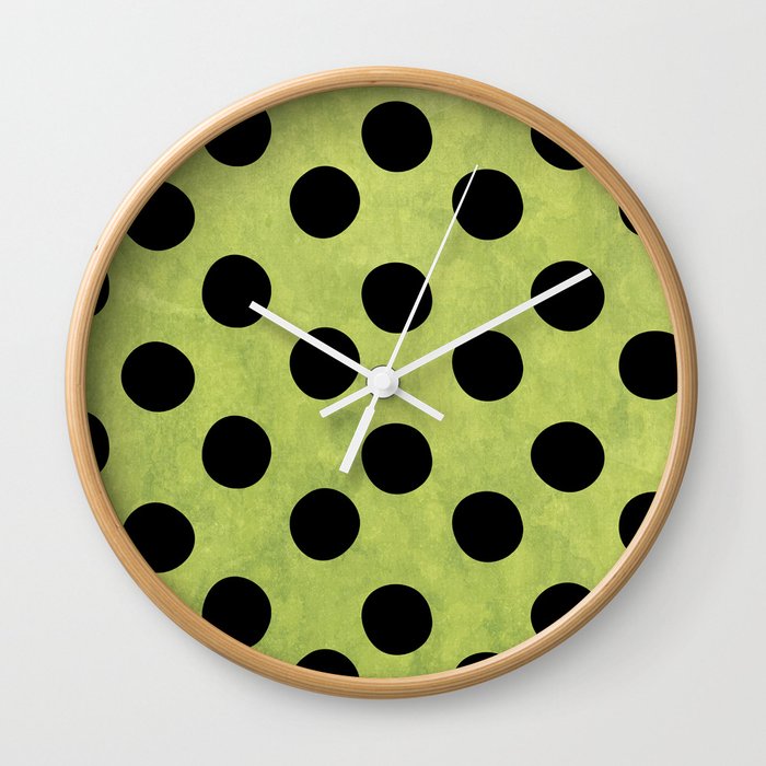 Watercolor Green And Black Polka Dot Retro Black Polka Dots Pattern Watercolor Vintage Pattern Wall Clock