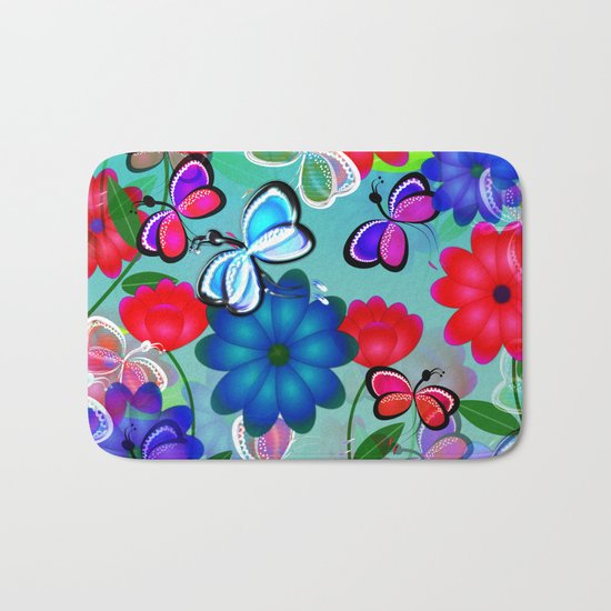 Abstract Butterflies with Flowers (Blue) Bath Mat
