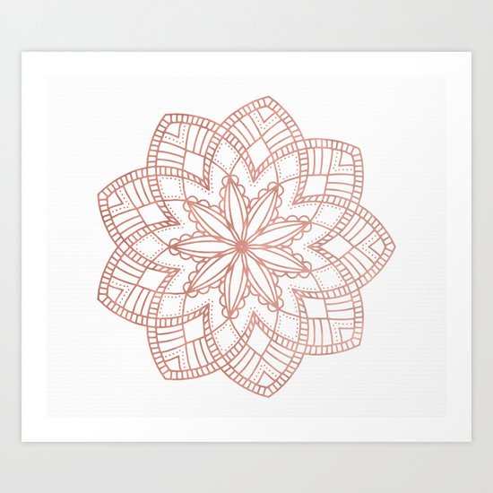 Mandala Posy Flower Rose Gold on White Art Print