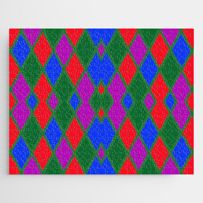 Argyle Pattern Using Red Green Blue and Purple Diamonds Outlined in Green Lines Jigsaw Puzzle