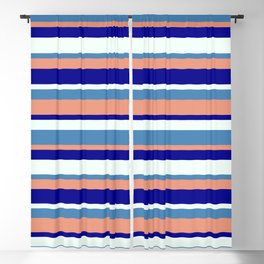 [ Thumbnail: Blue, Dark Salmon, Dark Blue & Mint Cream Colored Stripes Pattern Blackout Curtain ]