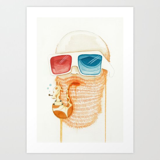 Old Man Smoking Giraffe Pipe in 3D Art Print