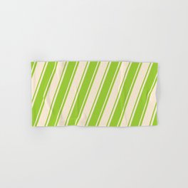 [ Thumbnail: Green and Beige Colored Lined/Striped Pattern Hand & Bath Towel ]