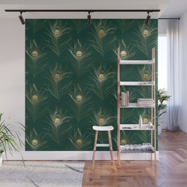 Gold Green Peacock Feather Pattern Wall Mural