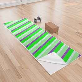 [ Thumbnail: Dark Orchid, Green, Light Cyan & Lime Colored Lined Pattern Yoga Towel ]