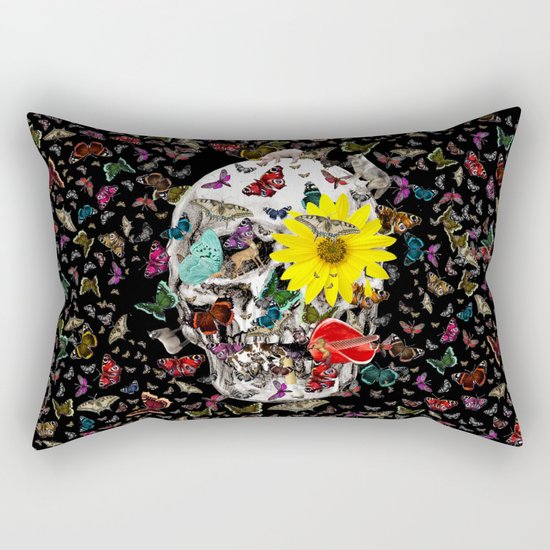 Skull Flowers Animals on Black | Butterflies Rectangular Pillow