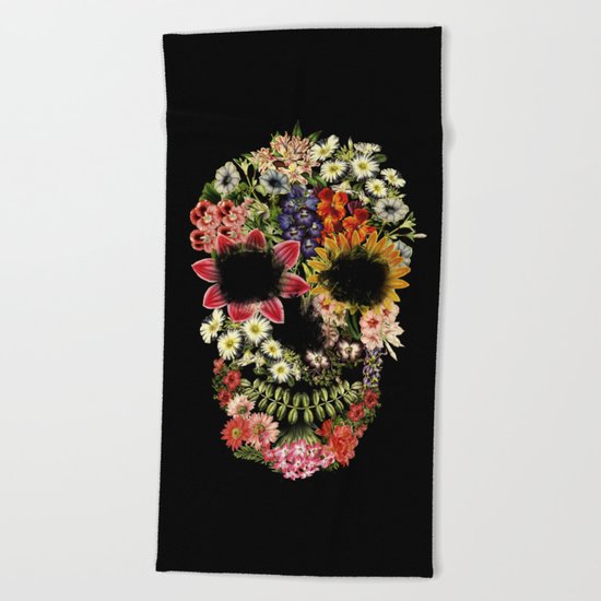 Floral Skull Vintage Black Beach Towel