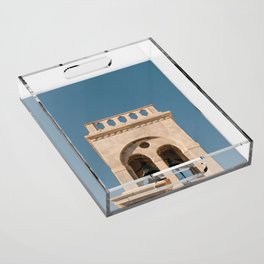 Vintage Summer Vibe Poster | Greek Chapel Tower on the Soft Blue Sky | Travel & Ambiance Photography in Greece, Europe Acrylic Tray