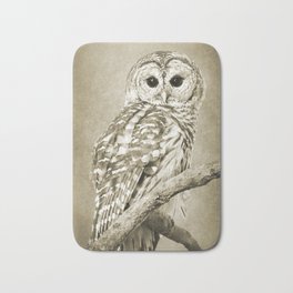 Sepia Owl Bath Mat | Owl, Stripedowl, Sepia, Tree, Blackandwhite, Beige, Bird, Barredowl, Brown, Birdportrait 