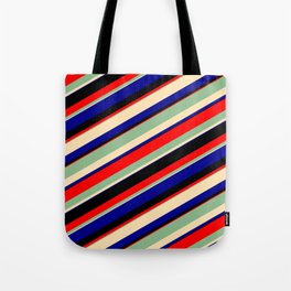 [ Thumbnail: Dark Sea Green, Beige, Dark Blue, Black & Red Colored Lines/Stripes Pattern Tote Bag ]