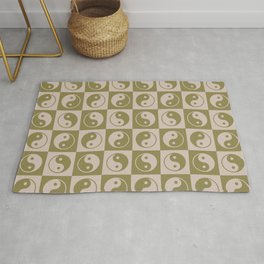Checkered Yin Yang Pattern \\ Muted Beige & Muted Green Area & Throw Rug