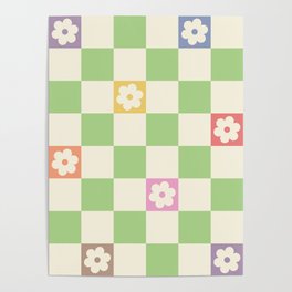 Colorful Flowers Green Check  Poster