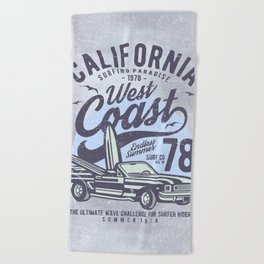 California West Coast Surf Retro Design Blue Grey Beach Towel