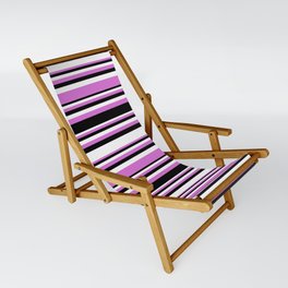 [ Thumbnail: Orchid, Black, and White Colored Striped/Lined Pattern Sling Chair ]