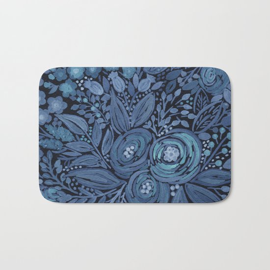 Watercolor . Black and blue floral pattern . Bath Mat