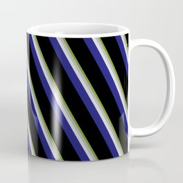[ Thumbnail: Vibrant Green, Dark Gray, Light Grey, Midnight Blue, and Black Colored Pattern of Stripes Coffee Mug ]