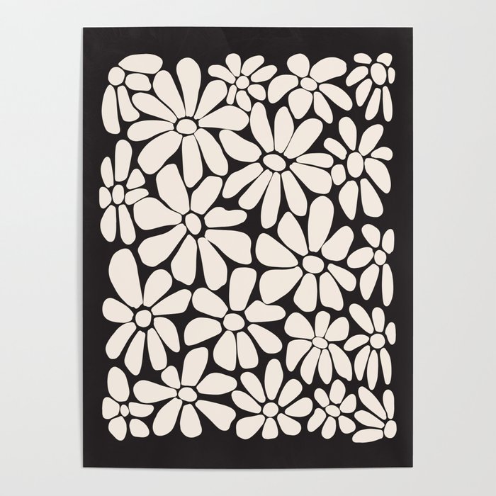 Black and White Retro Floral 2 Poster