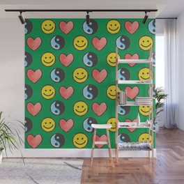 Hand-painted Y2K Symbols \\ Smiley | Heart | Yin Yang \\ Green BG Wall Mural