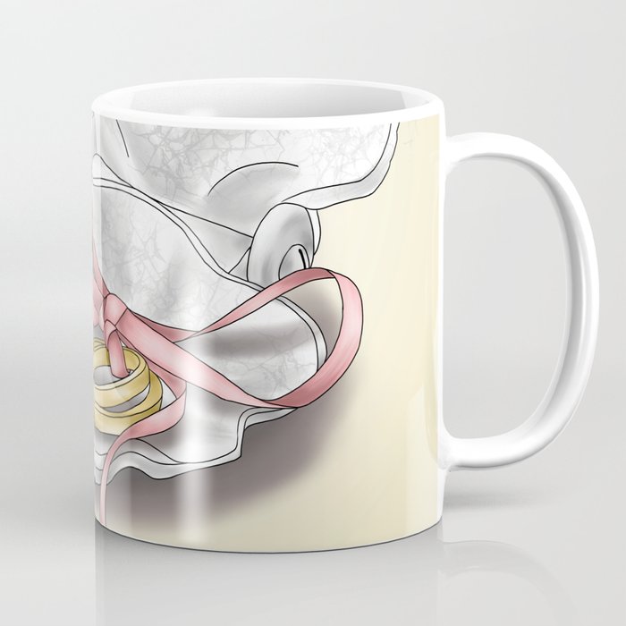 Wedding rings in a white shell and pink ribbon Coffee Mug