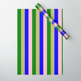 [ Thumbnail: Dark Khaki, Blue, Pink, and Green Colored Pattern of Stripes Wrapping Paper ]