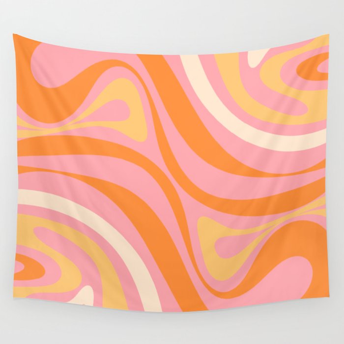 New Groove Retro Swirl Abstract Pattern in Pink, Orange, Yellow, and Cream Wall Tapestry