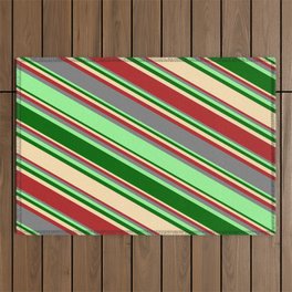 [ Thumbnail: Eyecatching Grey, Green, Dark Green, Beige, and Red Colored Lines Pattern Outdoor Rug ]