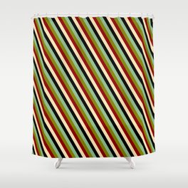[ Thumbnail: Eyecatching Dark Sea Green, Green, Dark Red, Beige, and Black Colored Pattern of Stripes Shower Curtain ]
