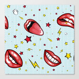 Seamless pattern cartoon comic super speech bubble labels with text, sexy open red lips with teeth, retro pop art illustration, halftone dot vintage effect background Canvas Print