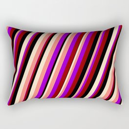 [ Thumbnail: Vibrant Dark Violet, Dark Red, Black, Bisque, and Salmon Colored Stripes Pattern Rectangular Pillow ]