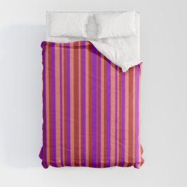 [ Thumbnail: Dark Violet, Salmon & Red Colored Stripes/Lines Pattern Comforter ]