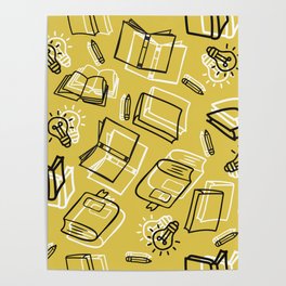 Hand Drawn Outline Books with Education Items Seamless Pattern Poster