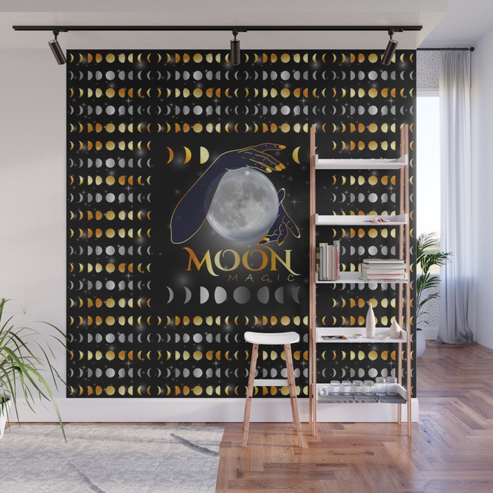 Moon phases mystical womans hands on full moon Wall Mural