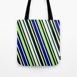 [ Thumbnail: Blue, Light Green, Beige & Black Colored Lines/Stripes Pattern Tote Bag ]