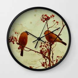 Winter birds bullfinch eat rowan berries Wall Clock