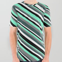 [ Thumbnail: Eyecatching Aquamarine, Gray, Dark Slate Gray, White & Black Colored Striped Pattern All Over Graphic Tee ]