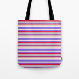 [ Thumbnail: Crimson, Grey, Bisque & Medium Slate Blue Colored Lined Pattern Tote Bag ]