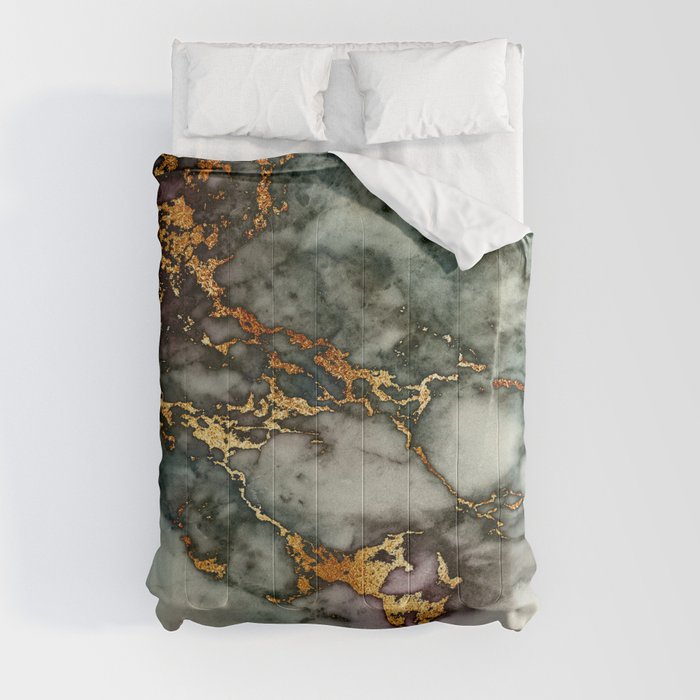 Gray Green Marble Glitter Gold Metallic Foil Style Comforter by UtART ...
