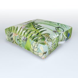 Rejoice Outdoor Floor Cushion | Iris, Native, Ferns, Collage, Green, Spring, Fiddlefeads, Dragonfly, Blue, Bees 