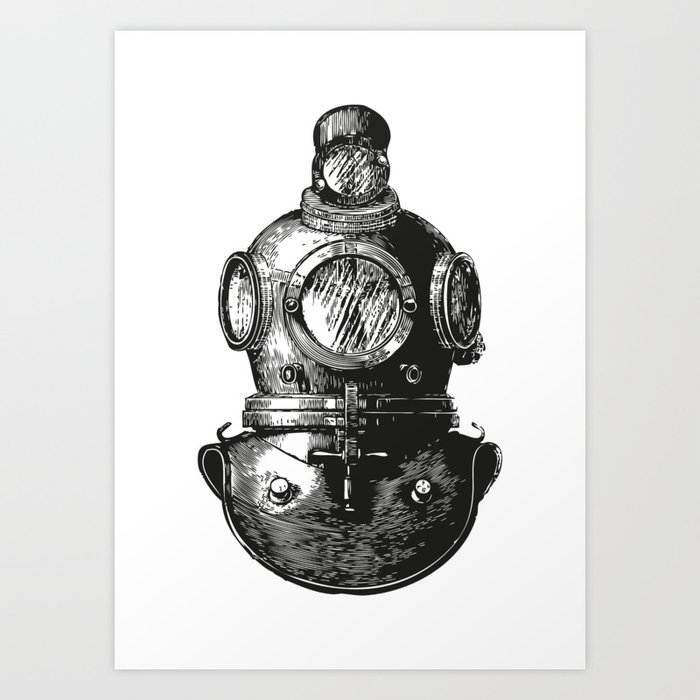 Vintage Deep Sea Diving Helmet | Divers Helmet | Black and White | Art Print