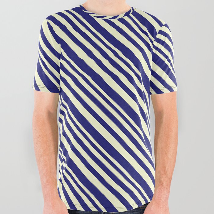 Light Yellow & Midnight Blue Colored Lined/Striped Pattern All Over Graphic Tee