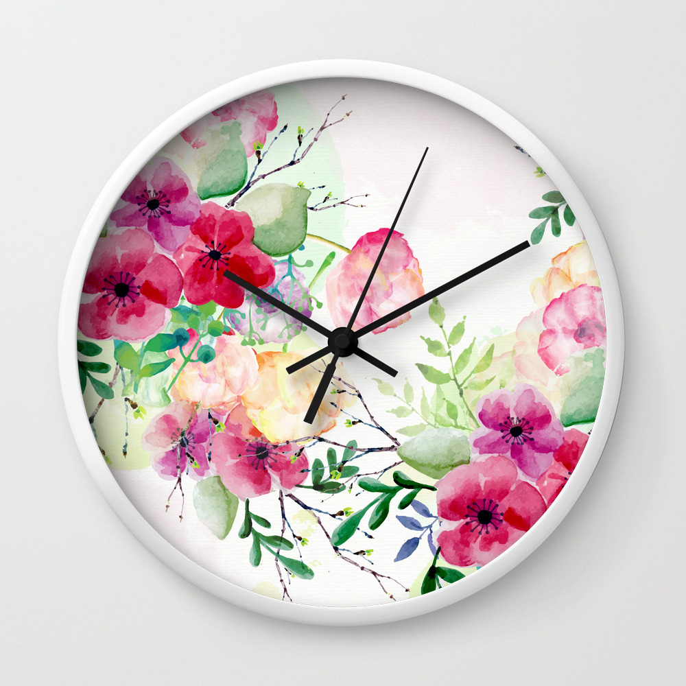 Vintage Flowers Watercolor Floral Painting Wall Clock By