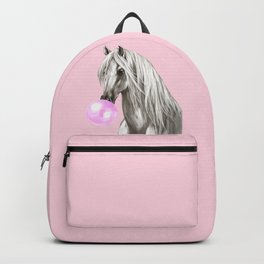 White Horse with Bubble Gum in Pink Backpack