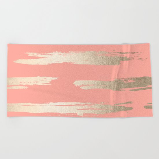 Simply Brushed Stripe in White Gold Sands on Salmon Pink Beach Towel