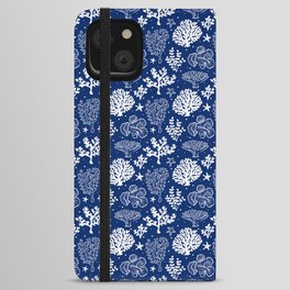 Blue And White Coral Silhouette Pattern iPhone Wallet Case