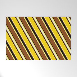 [ Thumbnail: Yellow, Light Yellow, Brown & Black Colored Stripes Pattern Welcome Mat ]