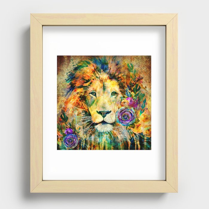 Bold Mixed Media Lion with Vintage Background Recessed Framed Print