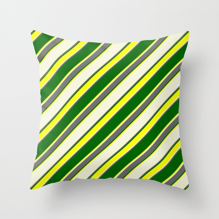 Beige, Dim Gray, Dark Green & Yellow Colored Lined Pattern Throw Pillow