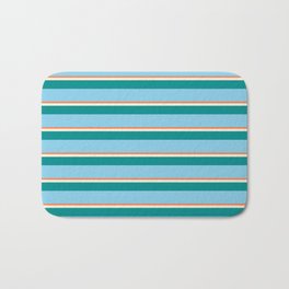 [ Thumbnail: Coral, Beige, Dark Cyan & Sky Blue Colored Stripes Pattern Bath Mat ]